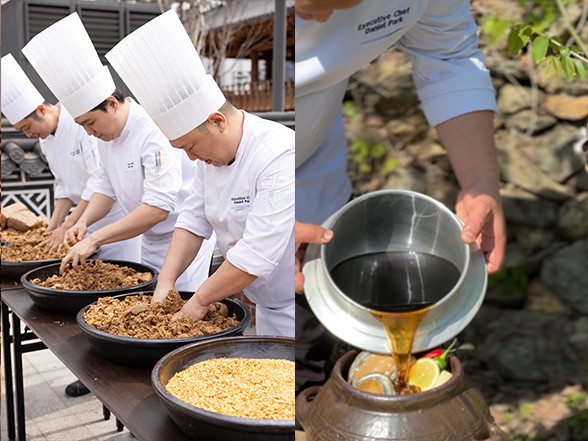 박 총주방장 및 세프들이 장을 담그는 모습(좌) 박 총주방장이 해남 고조할머니댁에서 슬롯 머신 게임 다운로드 씨간장으로 전복장을 담그고 있다(우).