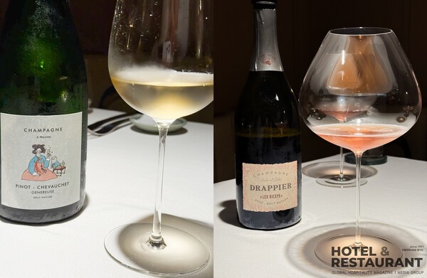 2번째 페어링 와인_ 블랑 드 누아 샴페인(좌), 3번째 페어링 와인_ 드라피에, 로제 샴페인 (Rosé Champagne)
