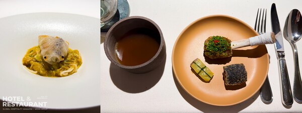 4번째 코스_ 잉어 만두(좌), 5번째 코스_ 해삼 바쿠테(우)