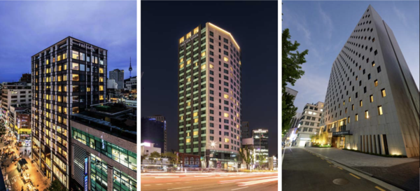 프레사인 서울 명동(좌), 더 스프라지르 서울 동대문(가운데), 더 스프라지르 서울 명동(우)