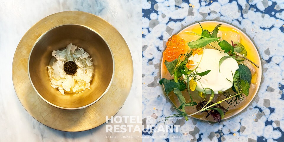 전채로 선뵌 컬리플라워, 캐비아(좌)와 광어, 홀스래디쉬, 제철허브(우). (사진촬영_ 안수진 기자)